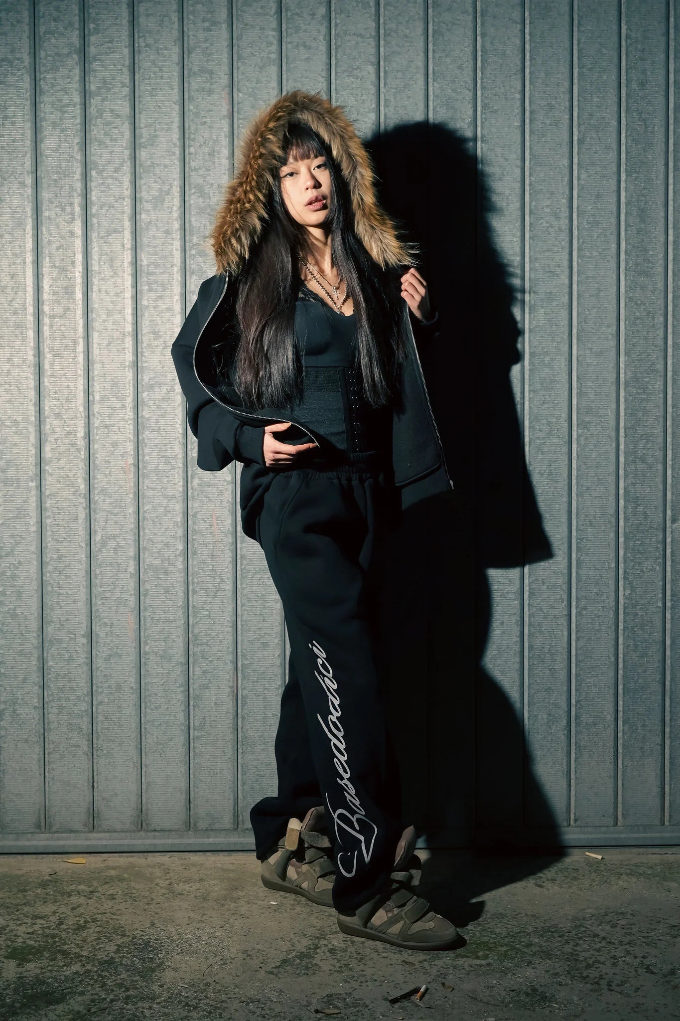 Full Zip "RUDE DIAMOND" Faux Fur Logo Black