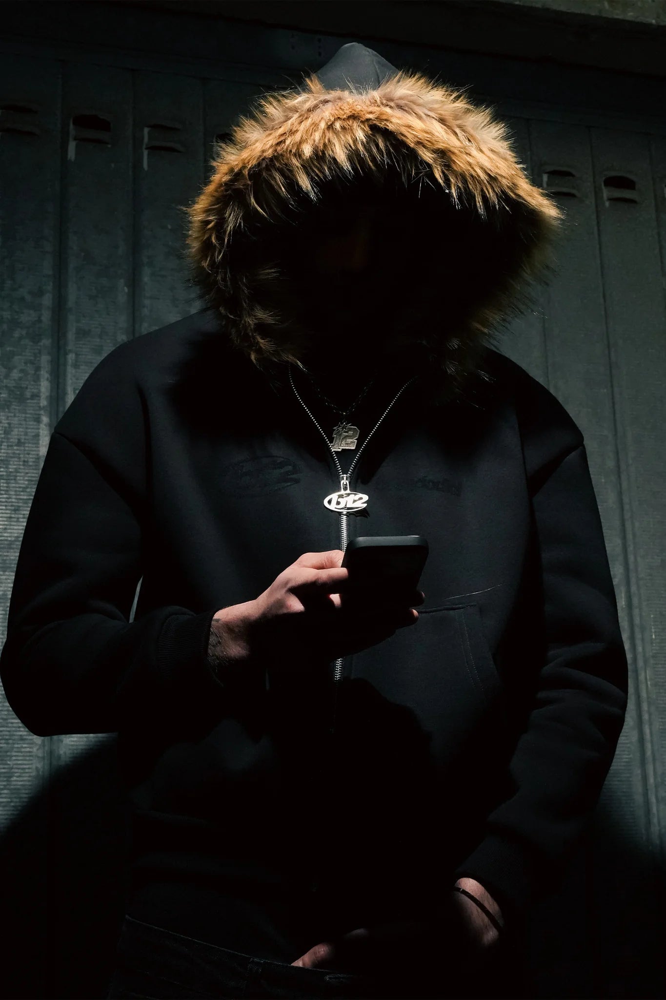 Full Zip "RUDE DIAMOND" Faux Fur Logo Black