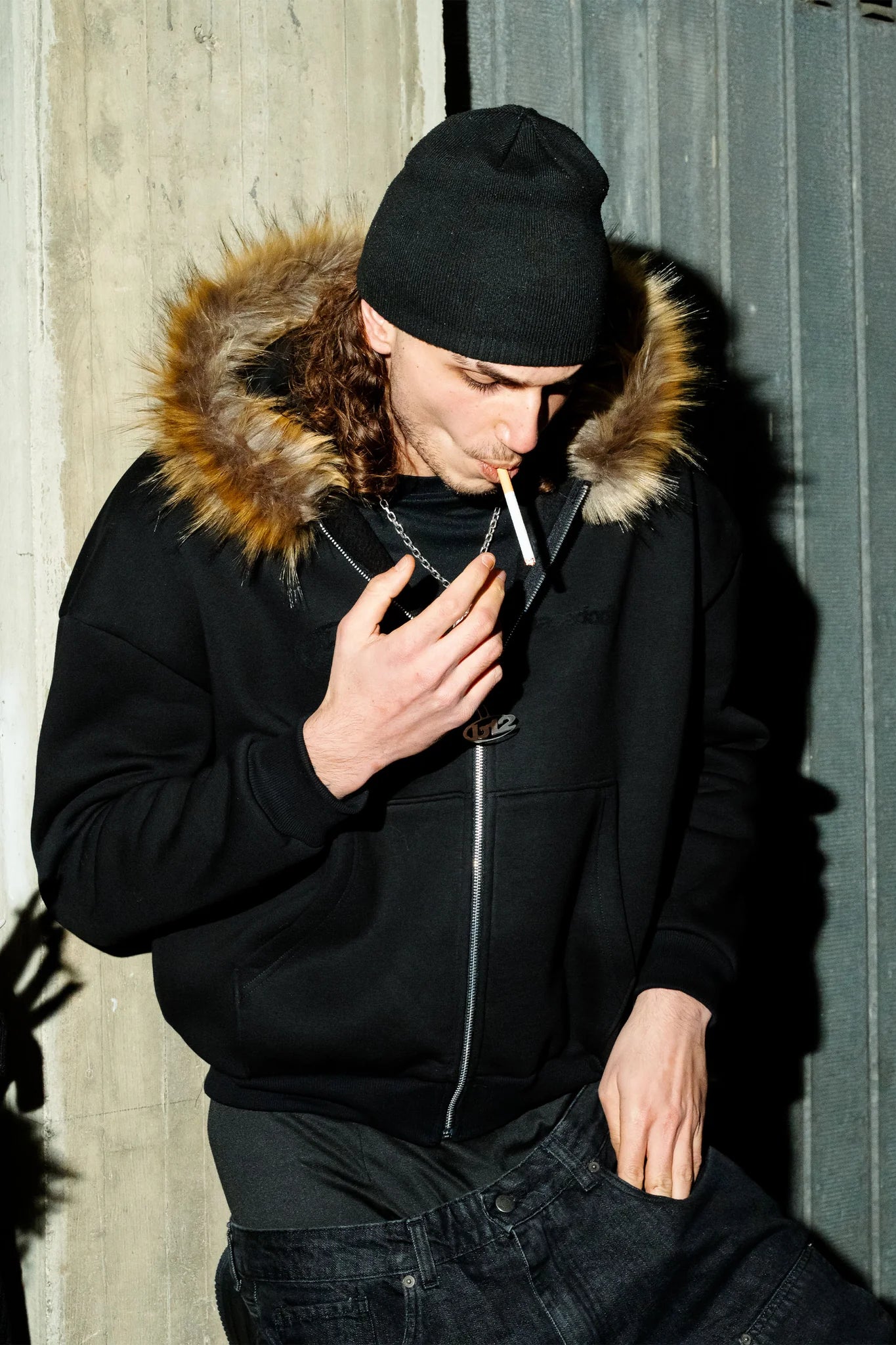 Full Zip "RUDE DIAMOND" Faux Fur Logo Black