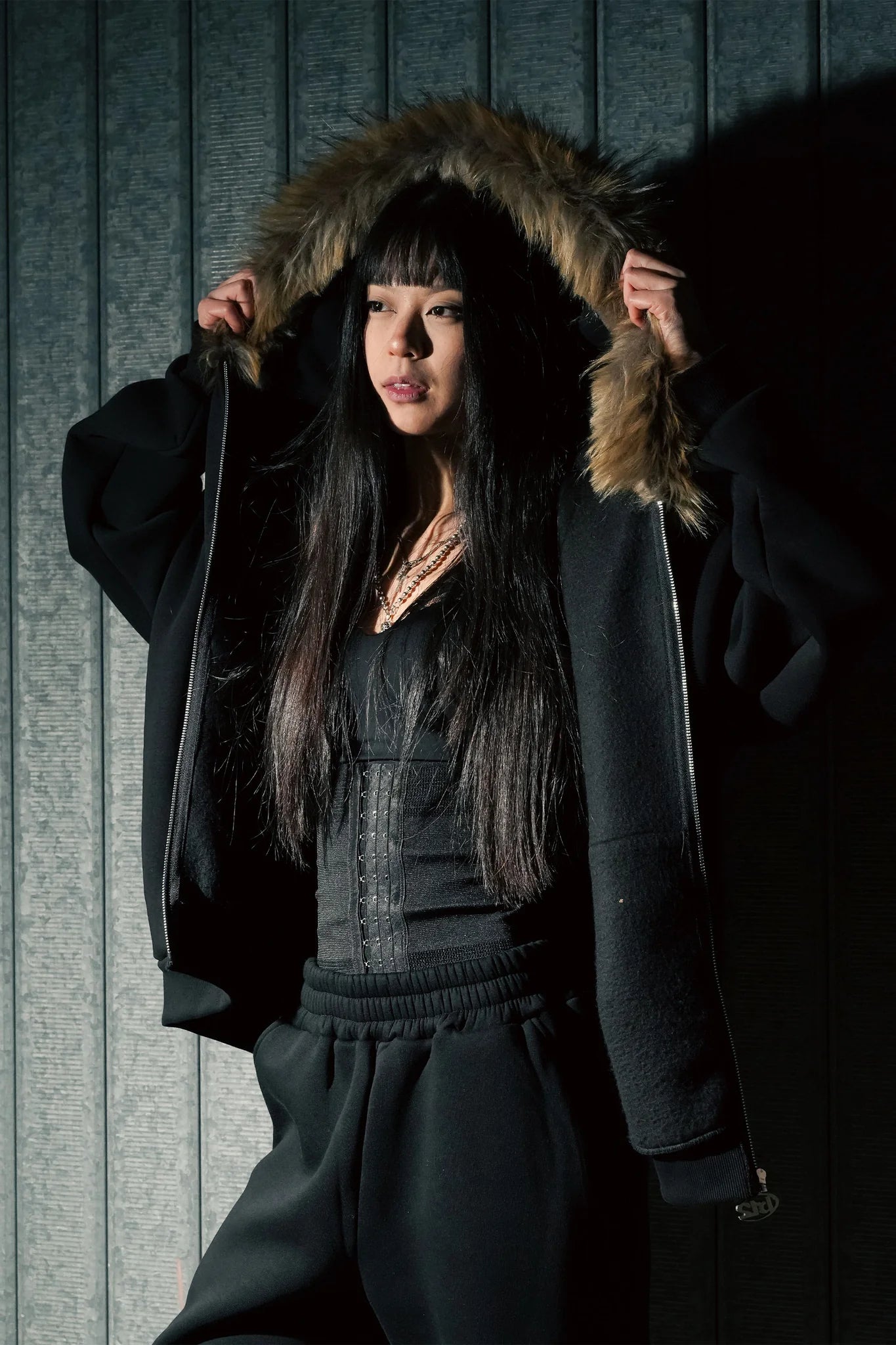 Full Zip "RUDE DIAMOND" Faux Fur Logo Black