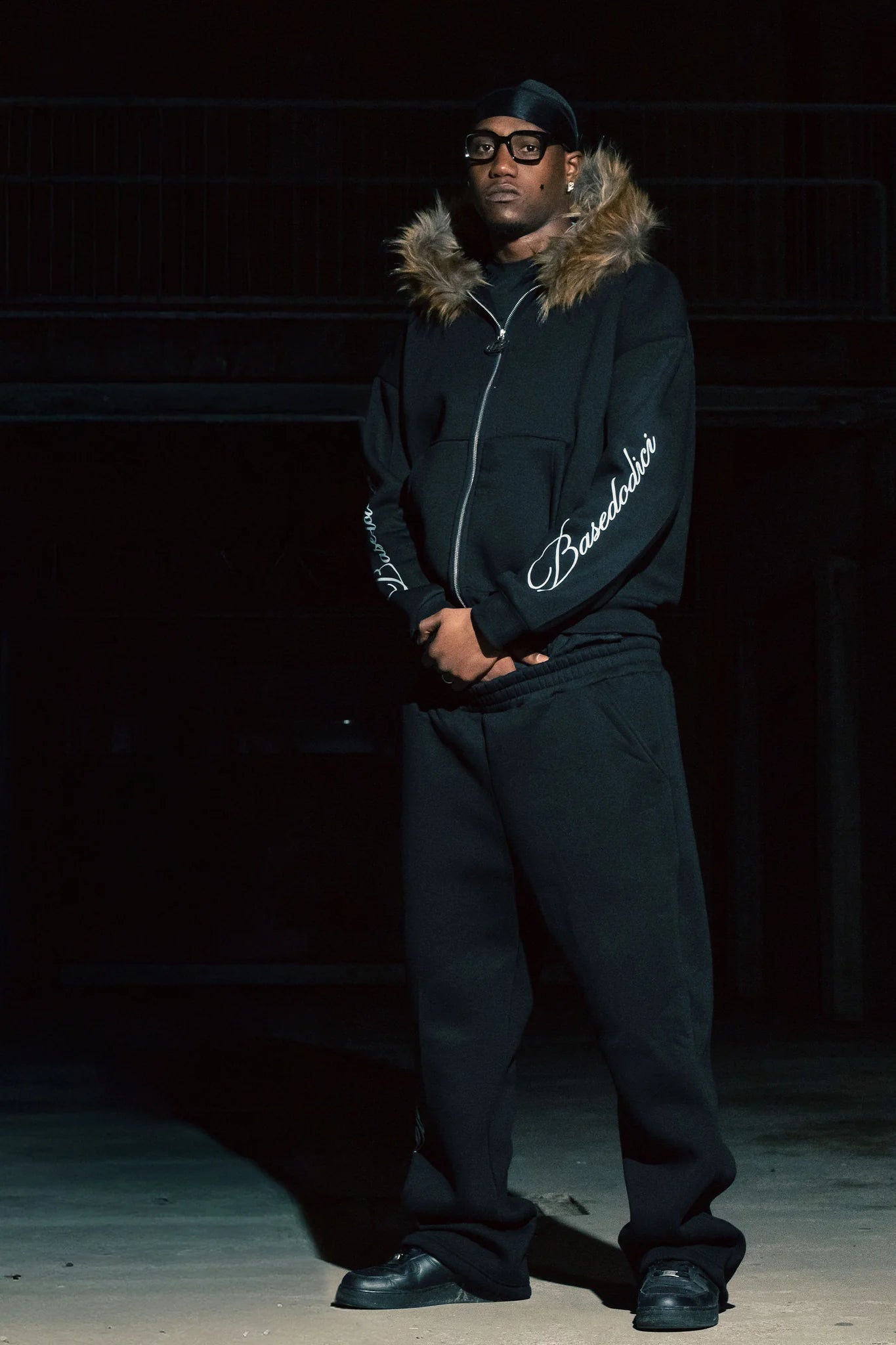 Full Zip "RUDE DIAMOND" Faux Fur Script Black