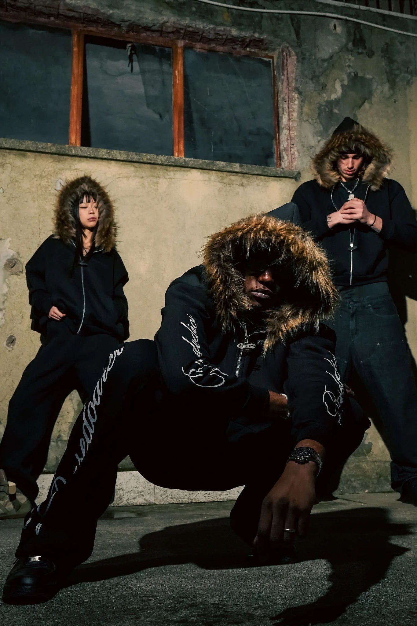 Full Zip "RUDE DIAMOND" Faux Fur Script Black