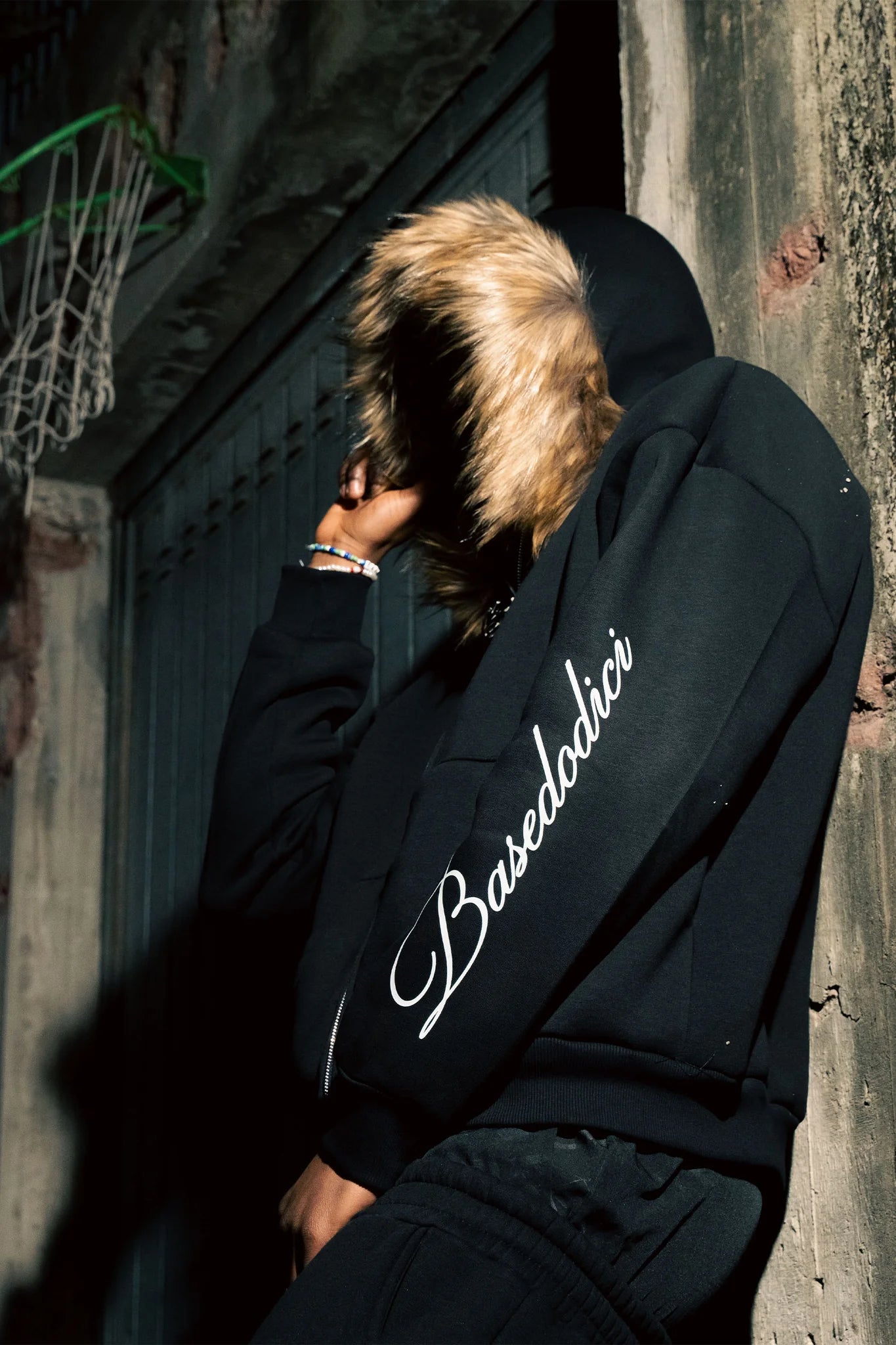 Full Zip "RUDE DIAMOND" Faux Fur Script Black