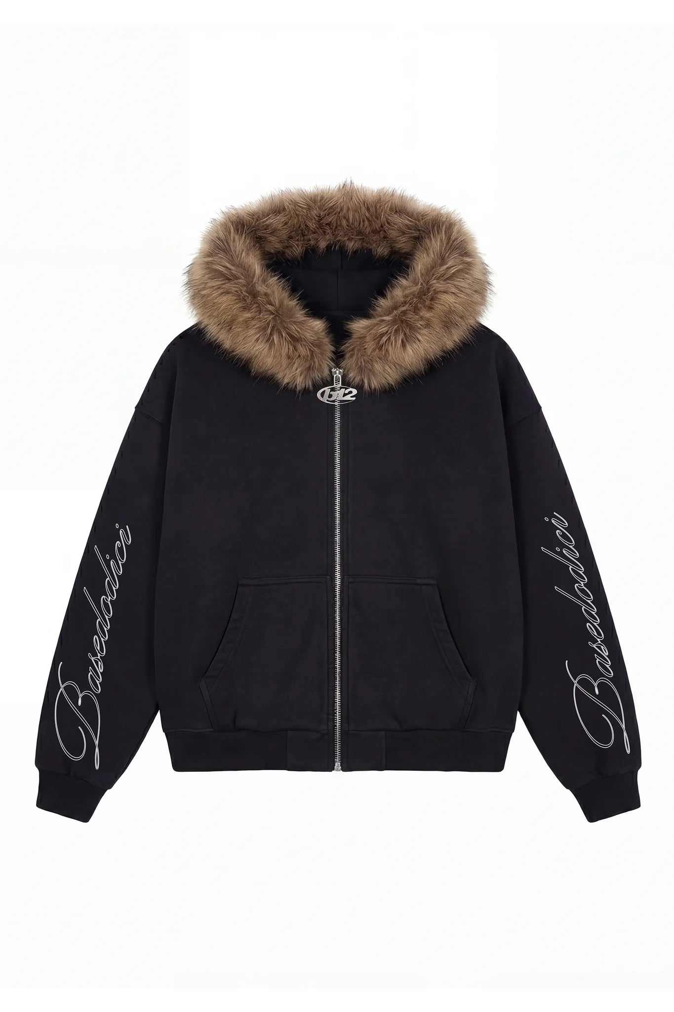 Full Zip "RUDE DIAMOND" Faux Fur Script Black