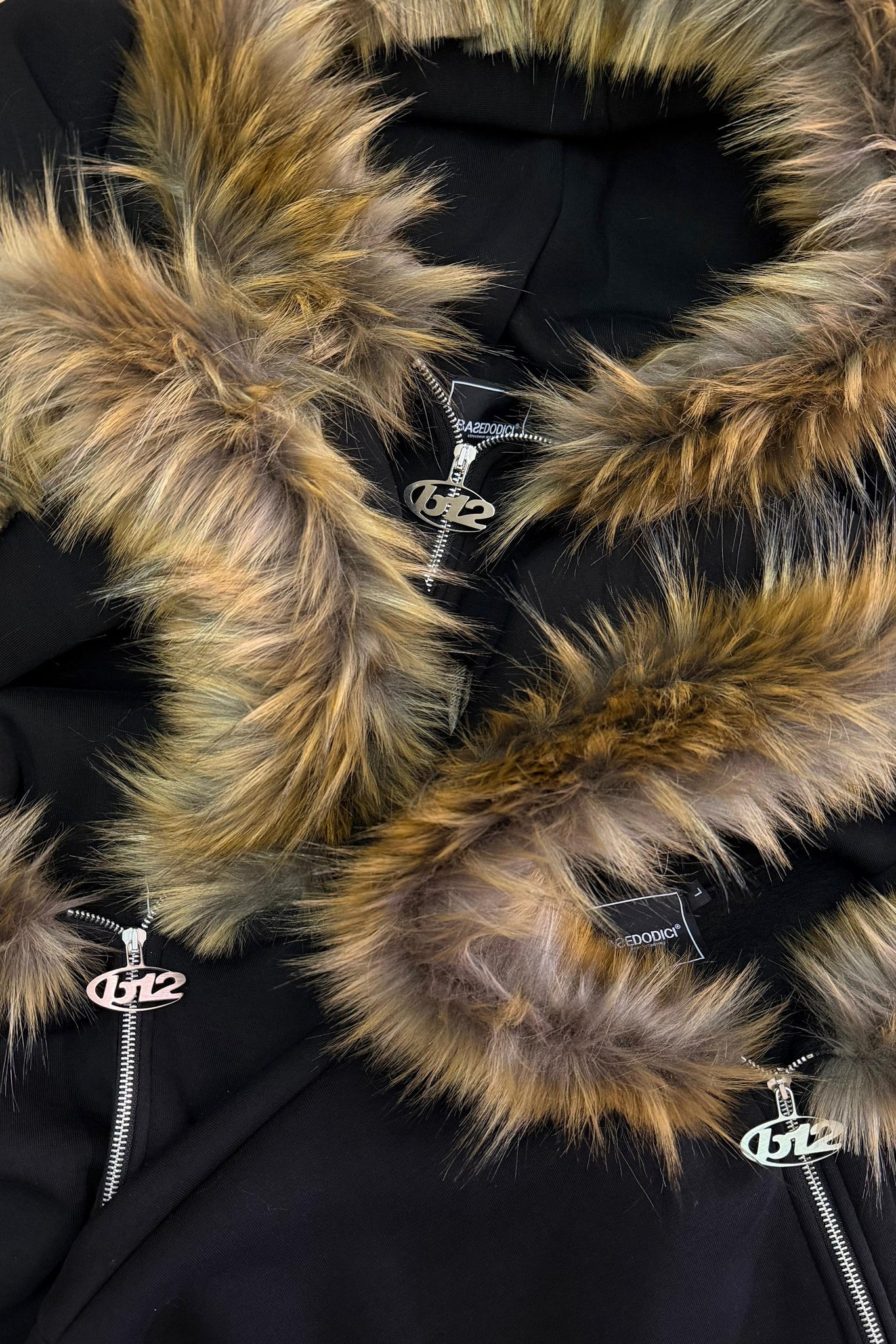 Full Zip "RUDE DIAMOND" Faux Fur Script Black